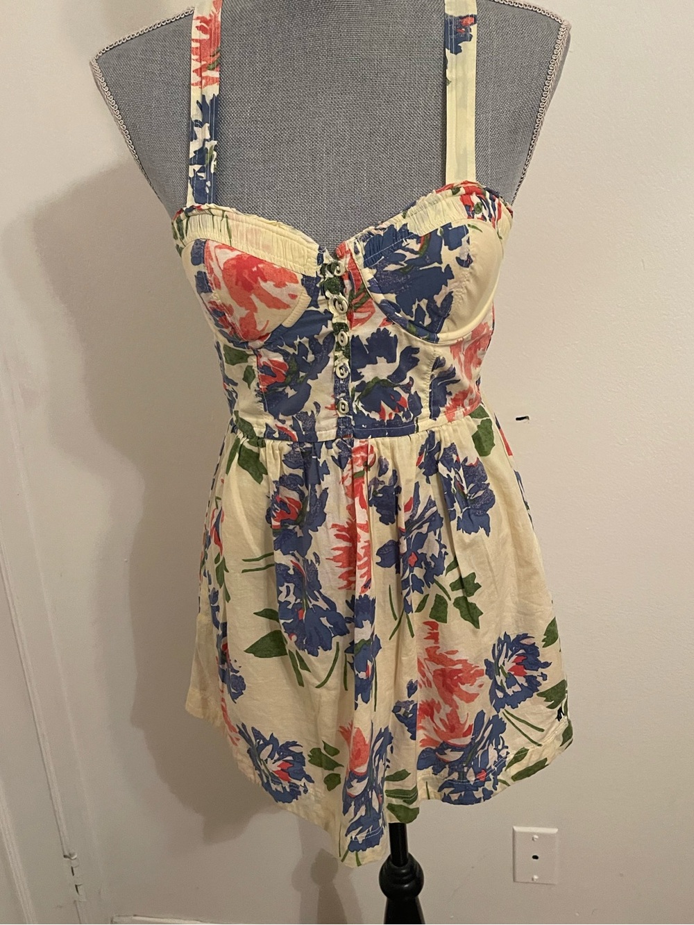 Abercrombie & Fitch Cream Floral Bustier Dress with Blue & Coral Print